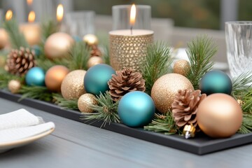 Decorative winter garland with blue, gold, and green ornaments on white background