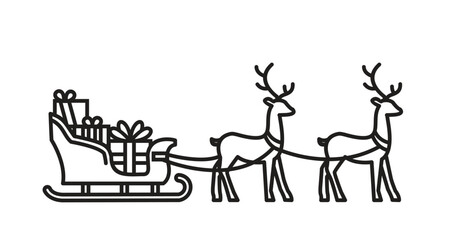 santa claus sleigh with gifts pulled by reindeer in monoline, christmas icon for greeting, suitable for poster and web icon