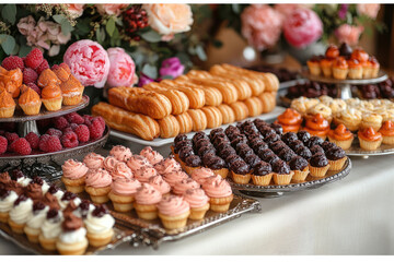 Luxurious Dessert Buffet with Assorted Pastries and Flowers