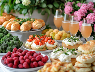 Delicious Brunch Buffet with Assorted Pastries, Fruits, and Drinks