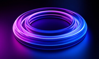 Abstract background with a blue and purple gradient, 3D rendering of spiral lines in the shape of an oval on a dark background