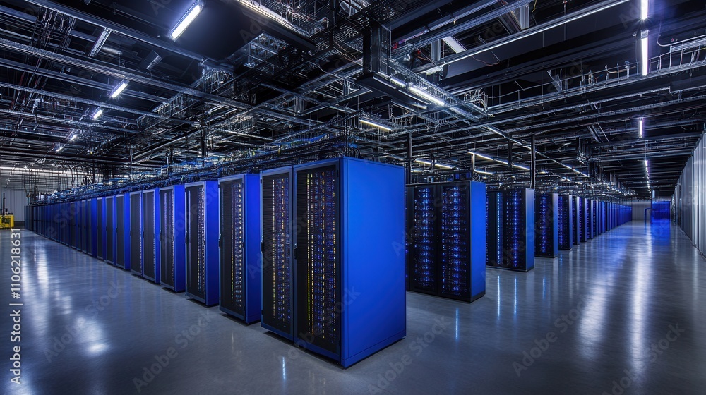 Poster a data center scene with multiple rows of operational server racks, illustrating the advancements in