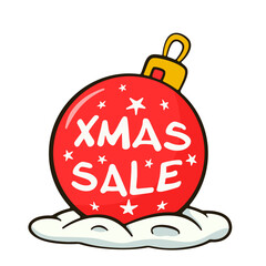 Christmas bauble with XMAS SALE lettering lying in the snow. Cartoon illustration