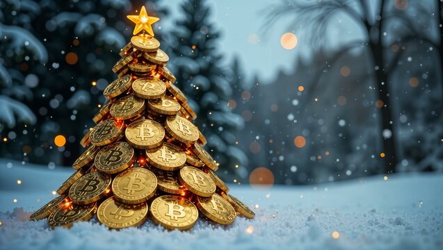Christmas tree made entirely of Bitcoin coins, standing in a snowy outdoor setting, horizontal concept, copy space