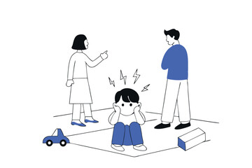 Parents arguing in front of sad child. Abusive relationship between wife and husband