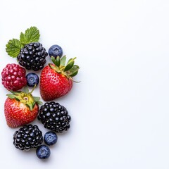 Obraz premium Vibrant Assortment of Fresh Berries Including Strawberries, Blueberries, Blackberries, and Raspberries with Green Mint Leaves on a Light Background