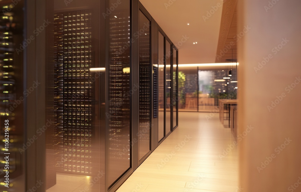 Poster data center room with a bright bokeh effect shining through the corridor, rendered in 3d