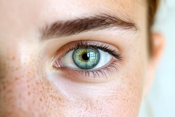 Obraz premium Close-up freckled face, green eye, long lashes.