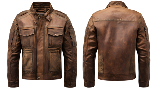 Men's brown leather jacket front and back views
