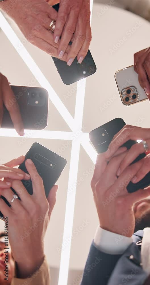 Aufkleber phone, hands and circle of business people with connection, communication and sharing data from belo
