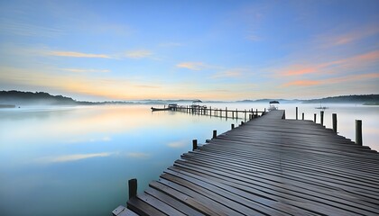Obraz premium Tranquil morning, dreamy scene of wooden dock by the harbor.