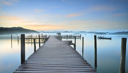 Obraz premium Tranquil morning, dreamy scene of wooden dock by the harbor.
