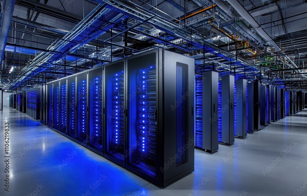 Poster data center room's storage systems shown in 3d rendering with network connections