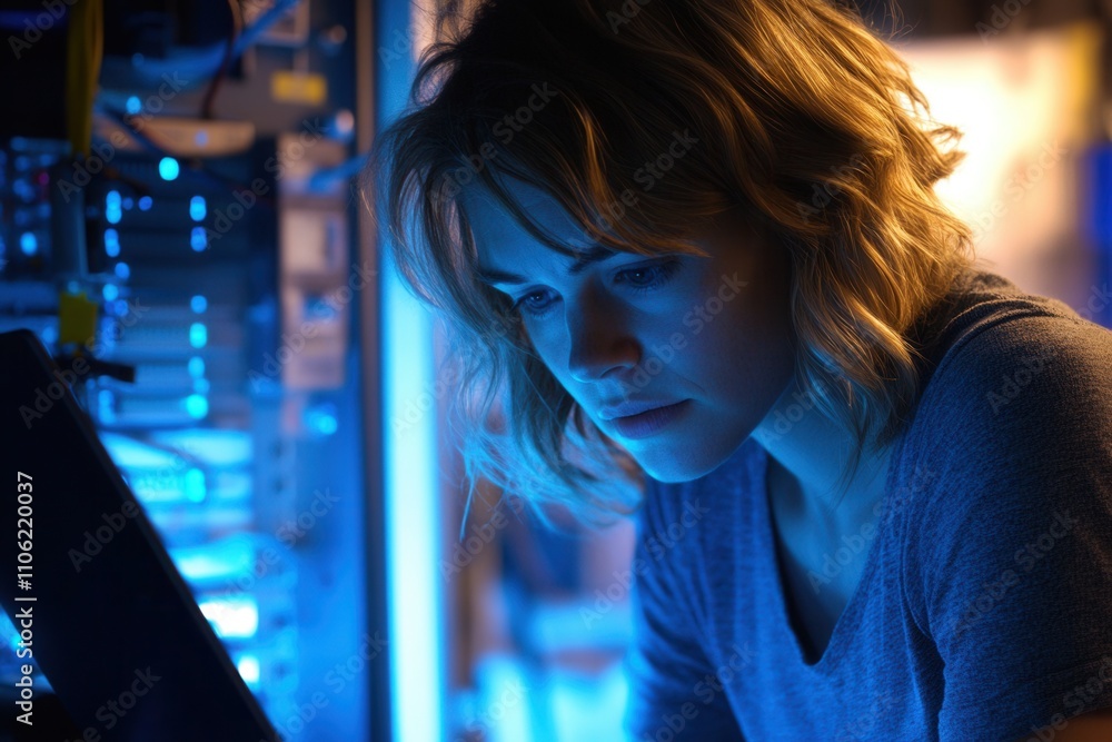 Poster a female engineer is operating in a server room at a state-of-the-art data center