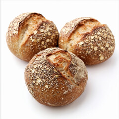 Freshly baked oat bread rolls on a white background