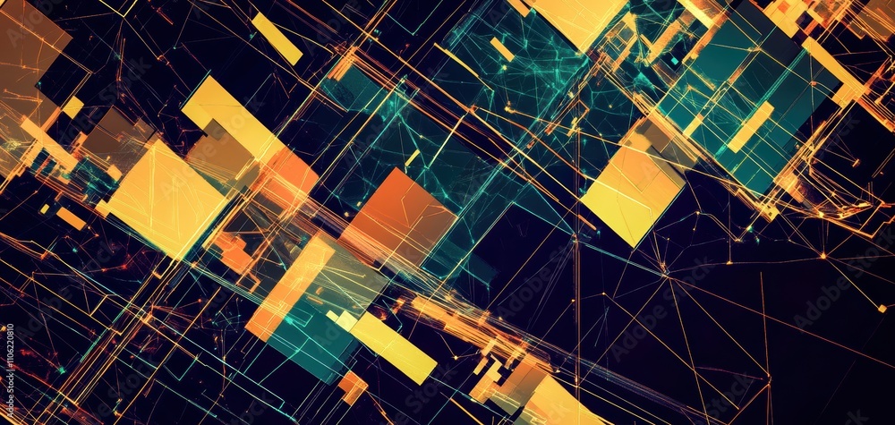 Poster geometric abstract design featuring vibrant orange and blue patterns and shapes. generative ai