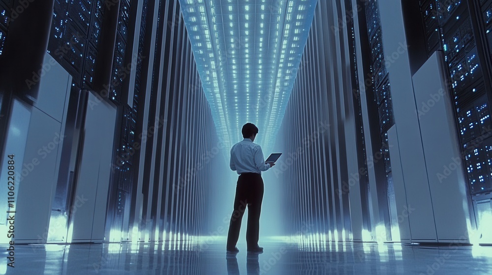 Poster portrait of it specialist using laptop in data center. data center with server racks and cloud compu