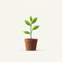 Young Green Plant Growing in Brown Pot, Fresh Growth Symbolizing New Life, Nature's Beauty, and Environmental Awareness in Minimalistic Setting