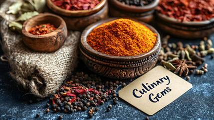 A Beautiful Flat-Lay Display of Exotic Spices Showcasing Their Culinary and Health Benefits Arranged Artfully