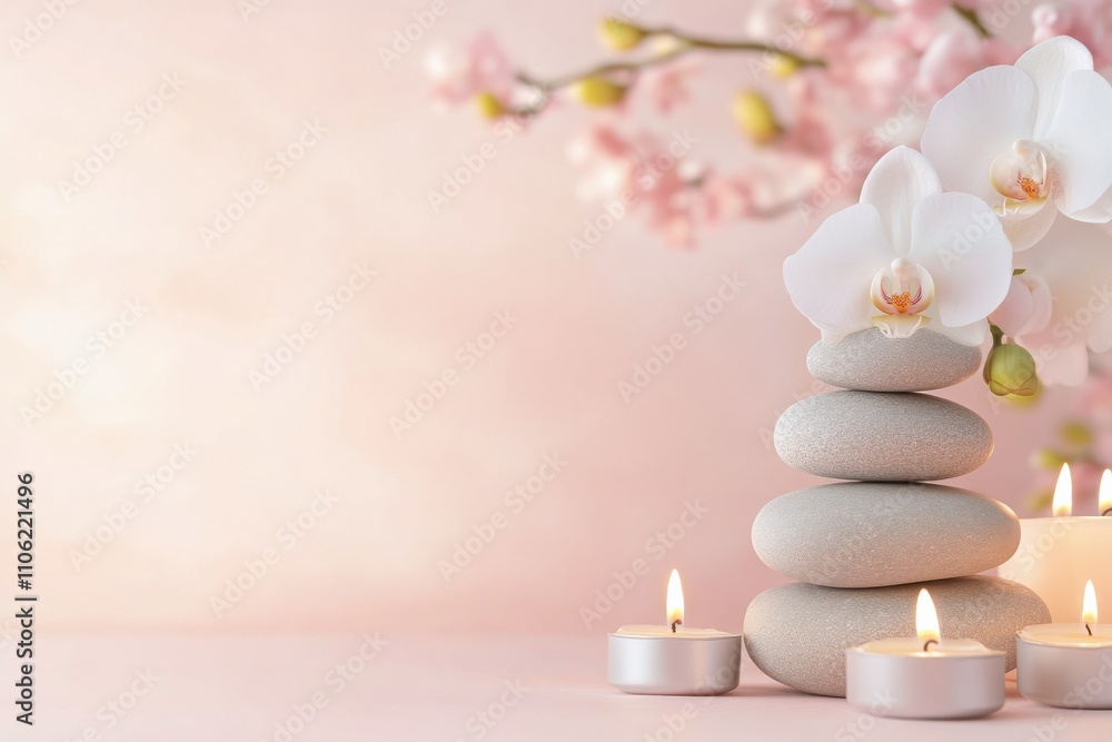 Poster stacked stones with candles and orchids create a serene atmosphere for relaxation