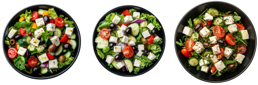   Set of  A Photo of a Greek salad in a black bowline Transparent  PNG format Background.