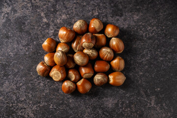 Hazelnuts, top view, copy space