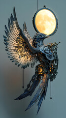 Mechanical Bird, Moonlit Wings, Steampunk Avian, Digital Sculpture, Detachable Wings