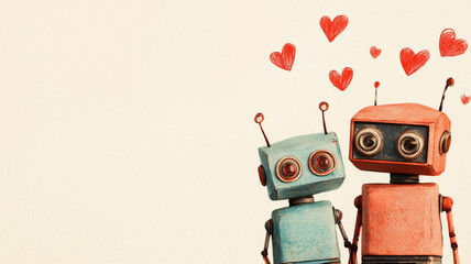 Vintage Valentine illustration of two robots in love with sketched hearts floating above them, romantic and whimsical.