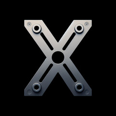 Alphabet letter X in shape of mechanical tool, metallic handyman font isolated on black background, 3D metal abc for technology, engineering, diy