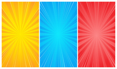 Comic rays wallpaper set. Vintage retro burst vertical background. Zoom effect lines template.