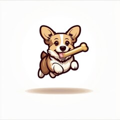 Playful cartoon illustration of a happy corgi dog jumping joyfully with a bone in its mouth, capturing the essence of exuberance and fun in a vibrant art style