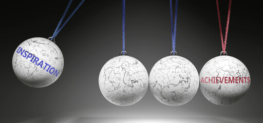 Inspiration and Achievements - cause and effect relationship. A Newton cradle metaphor showing how inspiration results in achievements. It initiates achievements. ,3d illustration