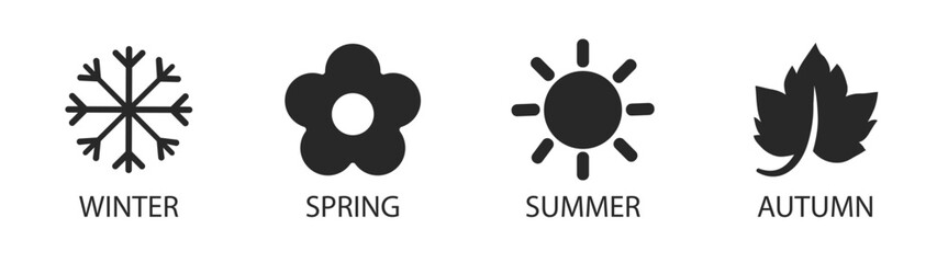 Four seasons icons, signs, symbols: winter, spring, summer, autumn. Snowflake, flower, sun and leaf. 