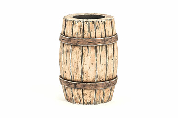 Rustic wooden barrel with metal bands on a plain background, perfect for vintage decor and themed designs