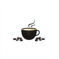 Black Coffee Cup with Steam and Coffee Beans on a Minimalist Background for Beverage and Morning Ritual Themes
