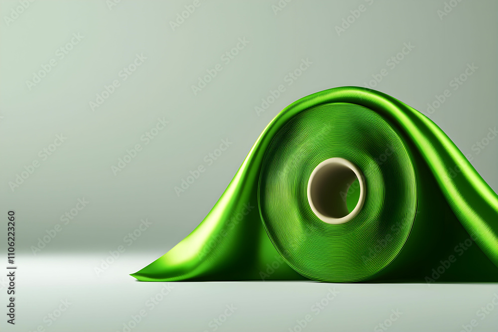 Poster green textured fabric roll with curved flowing shape on minimalistic background