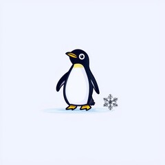 Fototapeta premium Cute cartoon penguin standing on ice with a snowflake nearby, ideal for winter themed projects and children's illustrations, creating a cheerful and playful atmosphere.