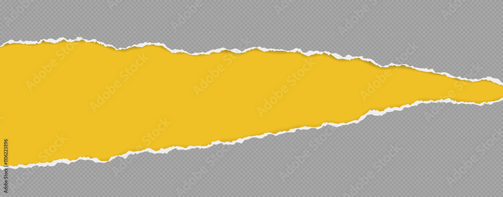 Poster grey pieces of paper with torn edges and soft shadow are on yellow background for text or ad.