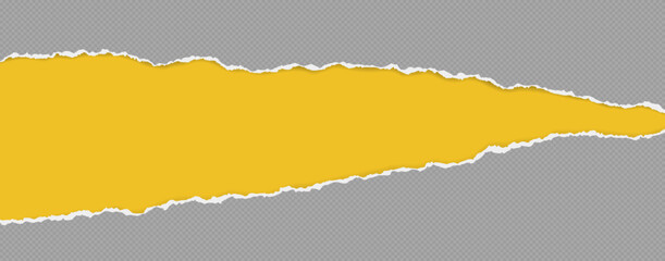 Grey pieces of paper with torn edges and soft shadow are on yellow background for text or ad.