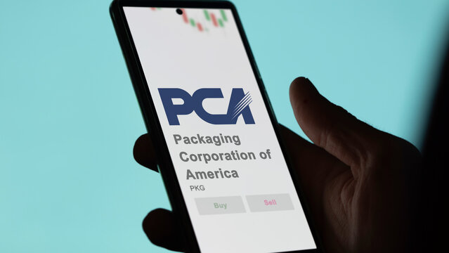 April 09th 2024 , Lake Forest, Illinois. Close up on logo of Packaging Corporation of America on the screen of an exchange. Packaging Corporation of America price stocks, $PKG on a device.