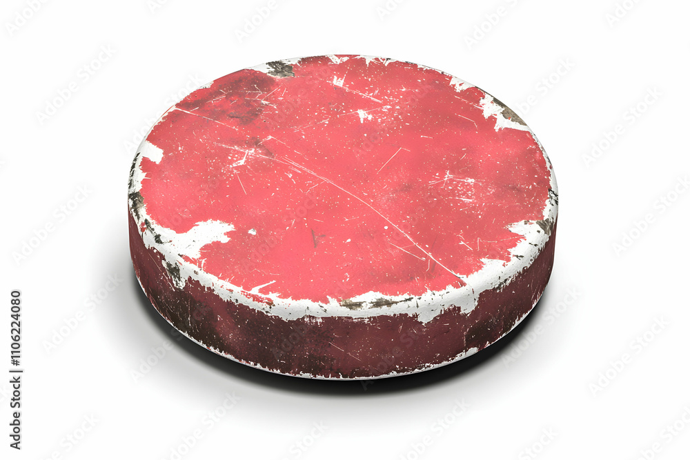 Poster worn red circular object with scratched surface in a minimalist style for artistic and creative proj