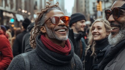 Obraz premium Diverse group of people laughing in city street. 