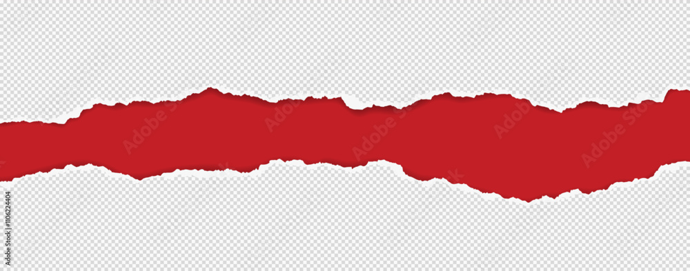 Poster squared pieces of paper with torn edges and soft shadow are on red background for text or ad.