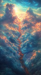 Heavenly ascent with stone stairs leading to bright clouds and sunlit sky