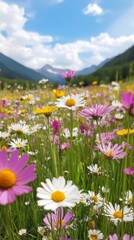 Obraz premium Colorful wildflowers bloom under a clear blue sky in a vibrant meadow during springtime