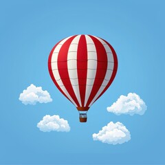 Naklejka premium Vibrant Red and White Striped Hot Air Balloon Floating in a Blue Sky Surrounded by Fluffy White Clouds with a Bright Sunlight Illumination