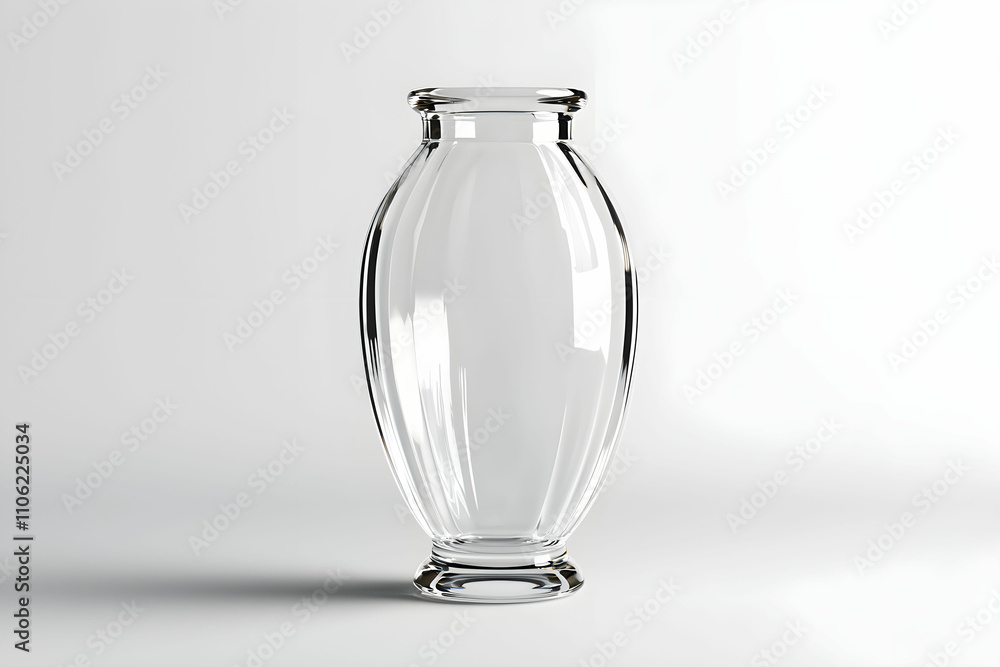Poster transparent glass vase with elegant shape and smooth surface standing on a light background showcasi