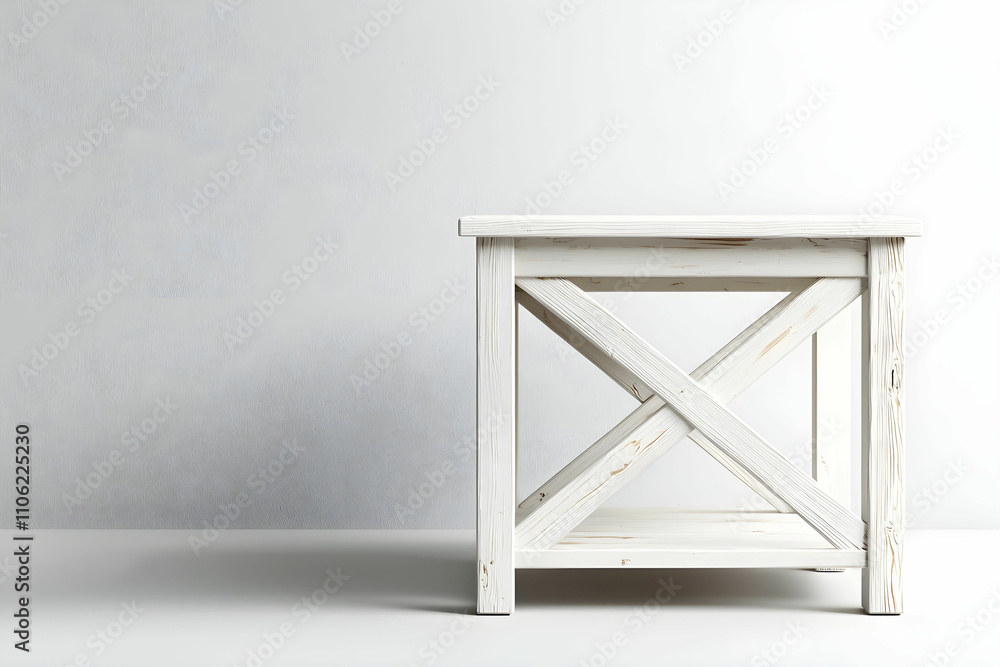 Poster minimalist white wooden table with simple design against a subtle gray background for modern interio
