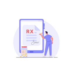 Doctor writes signature. Rx medical prescription for elderly people. Concept of medicine and pharmacy, healthcare, online prescription, disease therapy pills. Vector illustration in flat design