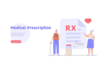 Doctor writes signature. Rx medical prescription for elderly people. Concept of medicine and pharmacy, healthcare, online prescription, disease therapy pills. Vector illustration in flat design